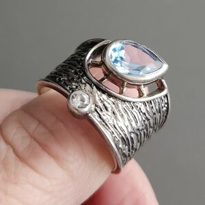 Vintage Stamped SJ925 Sterling Silver Blue Topaz Statement Ring, Size 8.5